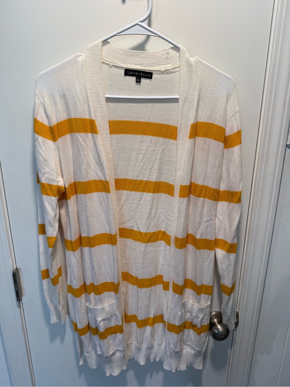 Love+Elle Cream Open-Front Cardigan with Mustard Stripes